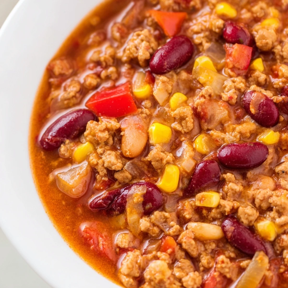 Turkey Chili with Kidney Beans and Corn in a rustic pot next to shredded cheese and tortilla chips.
