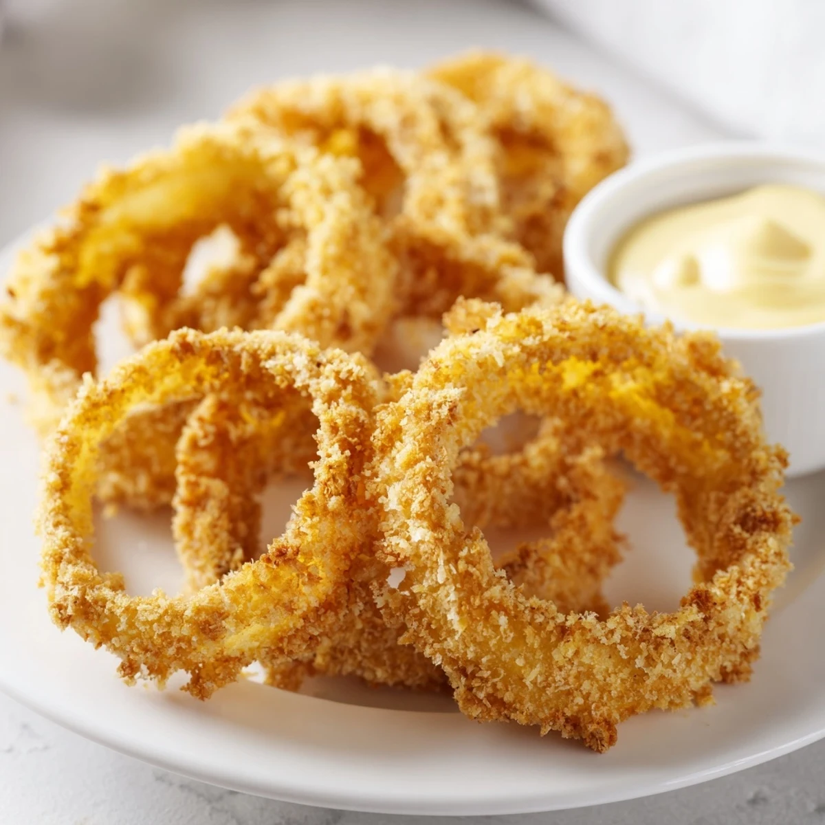 Crispy Air Fryer Onion Rings with Dip served golden and crunchy next to a creamy dipping sauce. 