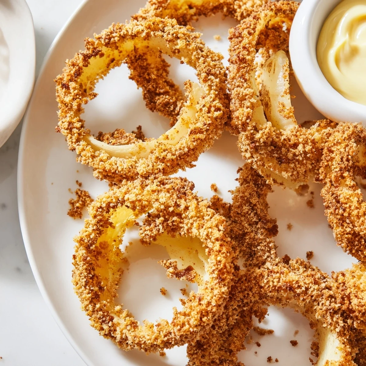 Freshly cooked Crispy Air Fryer Onion Rings with Dip ready to eat, featuring golden breadcrumbs and herbs.