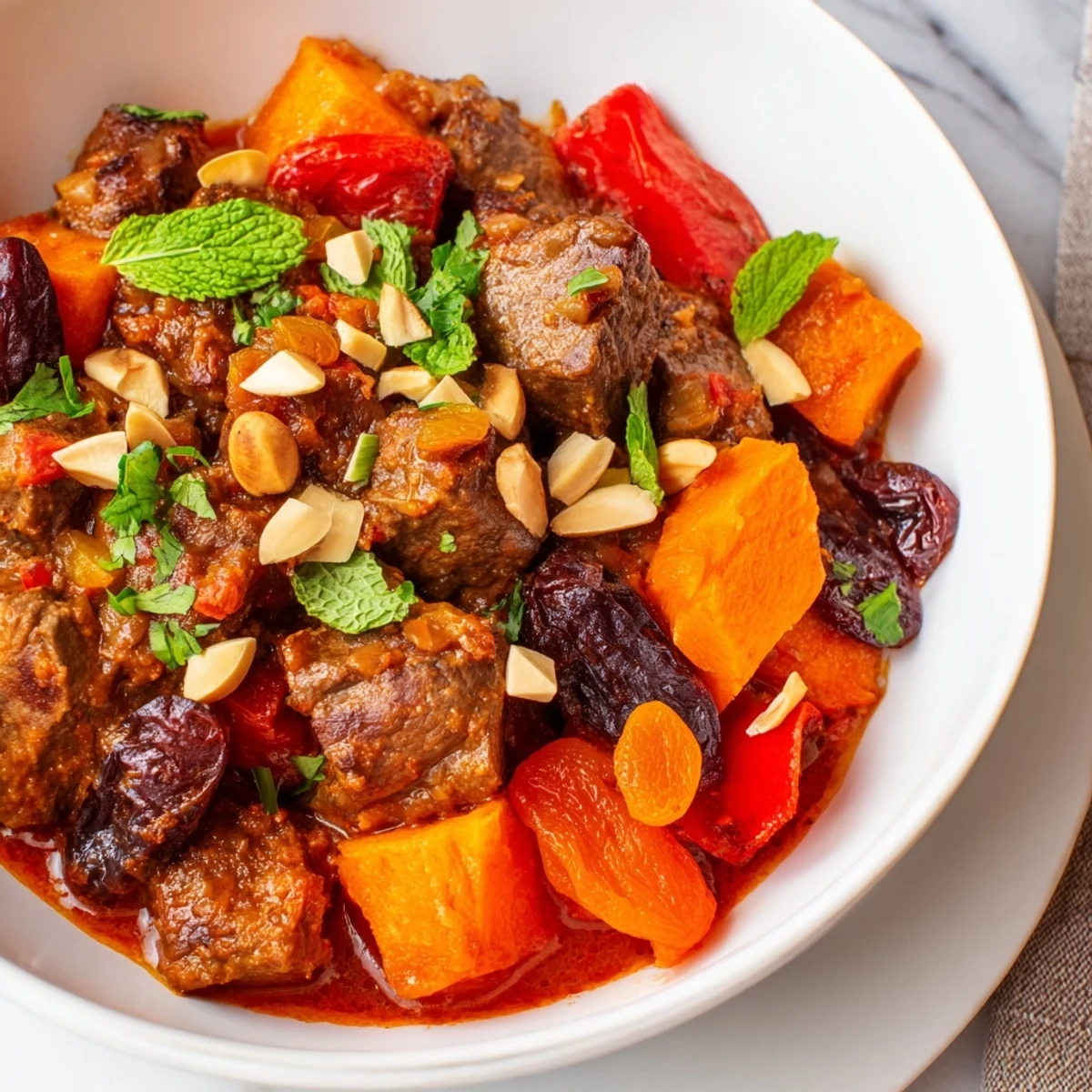 Slow Cooker Moroccan Lamb Tagine bubbling with tender lamb, sweet apricots, and fragrant spices in a ceramic insert.