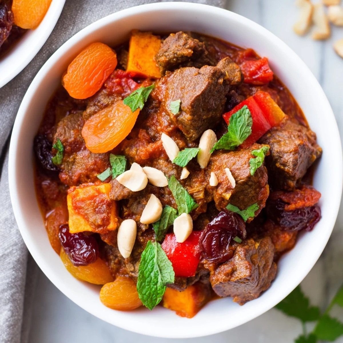 Tender Slow Cooker Moroccan Lamb Tagine served in a dish with cilantro, mint, and toasted almonds garnish.