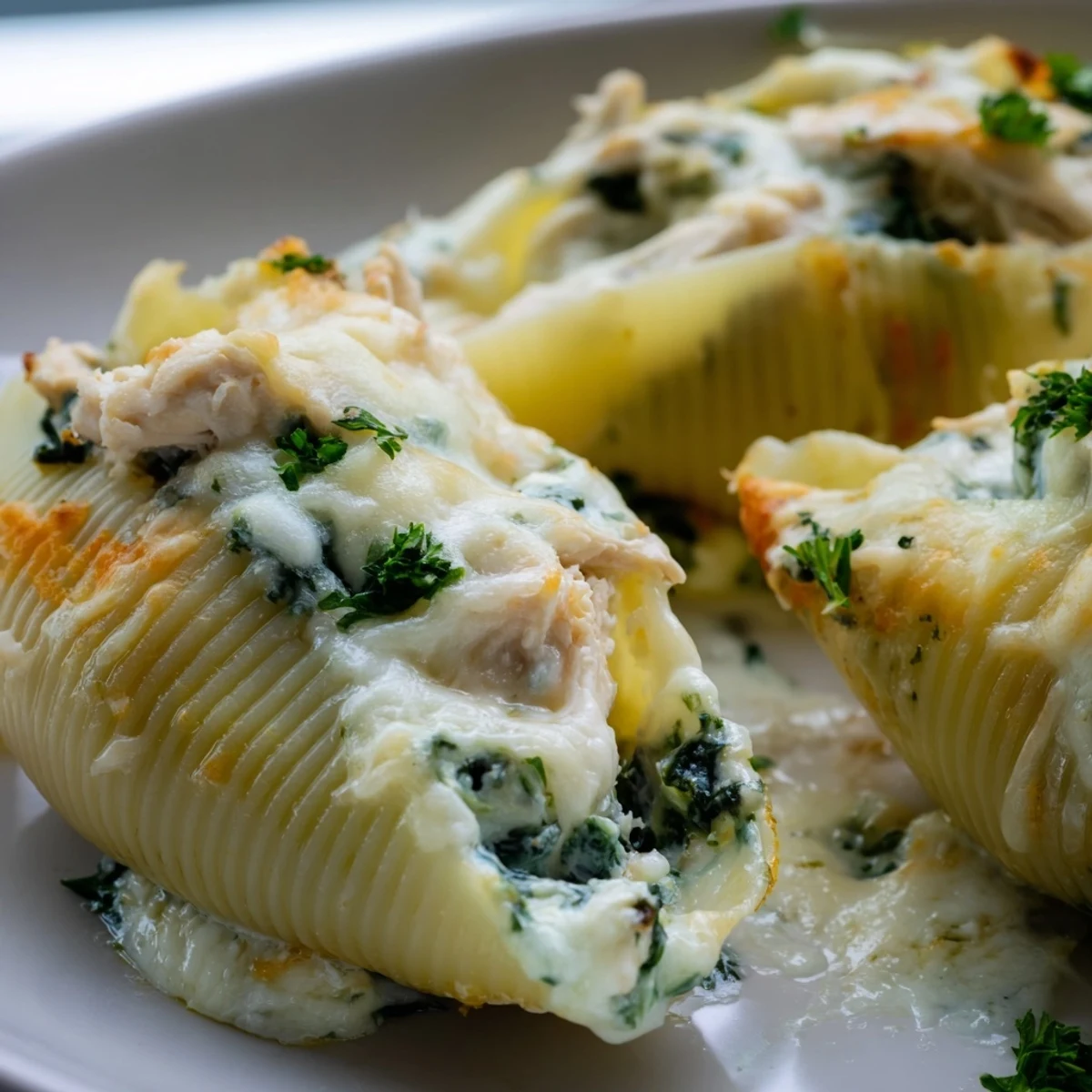 Golden baked Chicken Alfredo Stuffed Shells with Spinach bubbling with cheesy filling in a white dish.