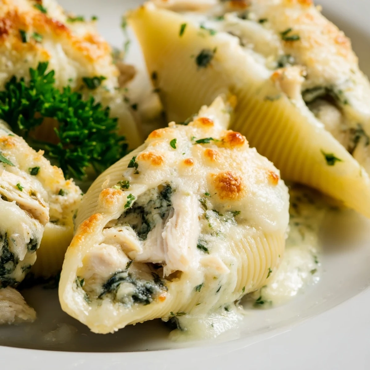 Serving of Chicken Alfredo Stuffed Shells with Spinach alongside a green salad and garlic bread.