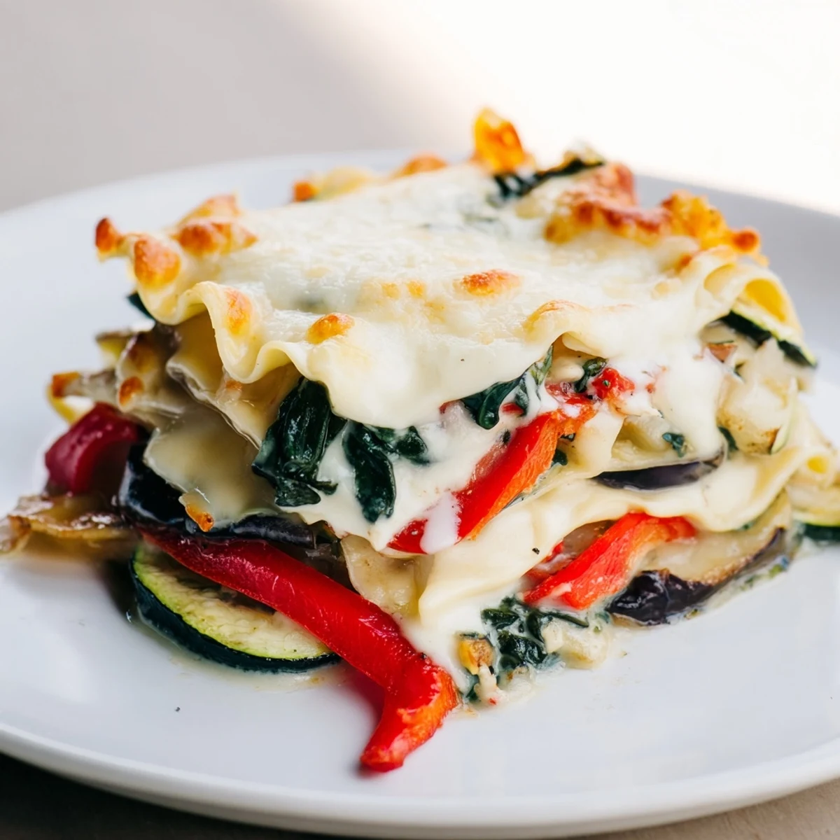 Golden, bubbling layers of Roasted Vegetable Lasagna with Bechamel Sauce are ready to slice and serve.