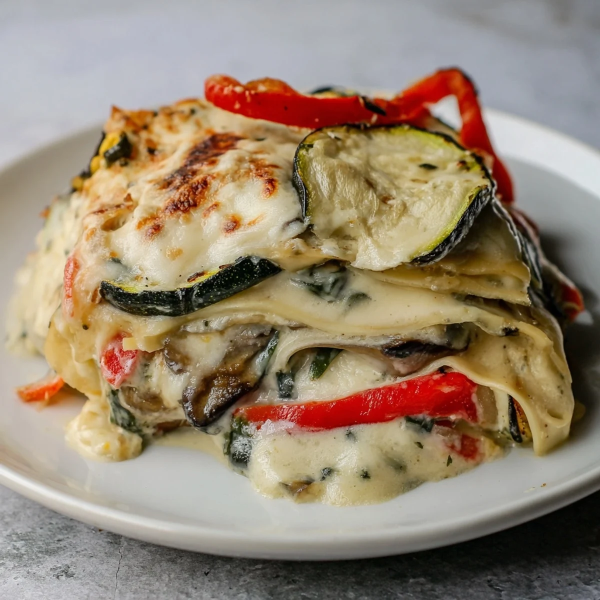 A hearty slice of Roasted Vegetable Lasagna with Bechamel Sauce pairs perfectly with a crisp green salad.