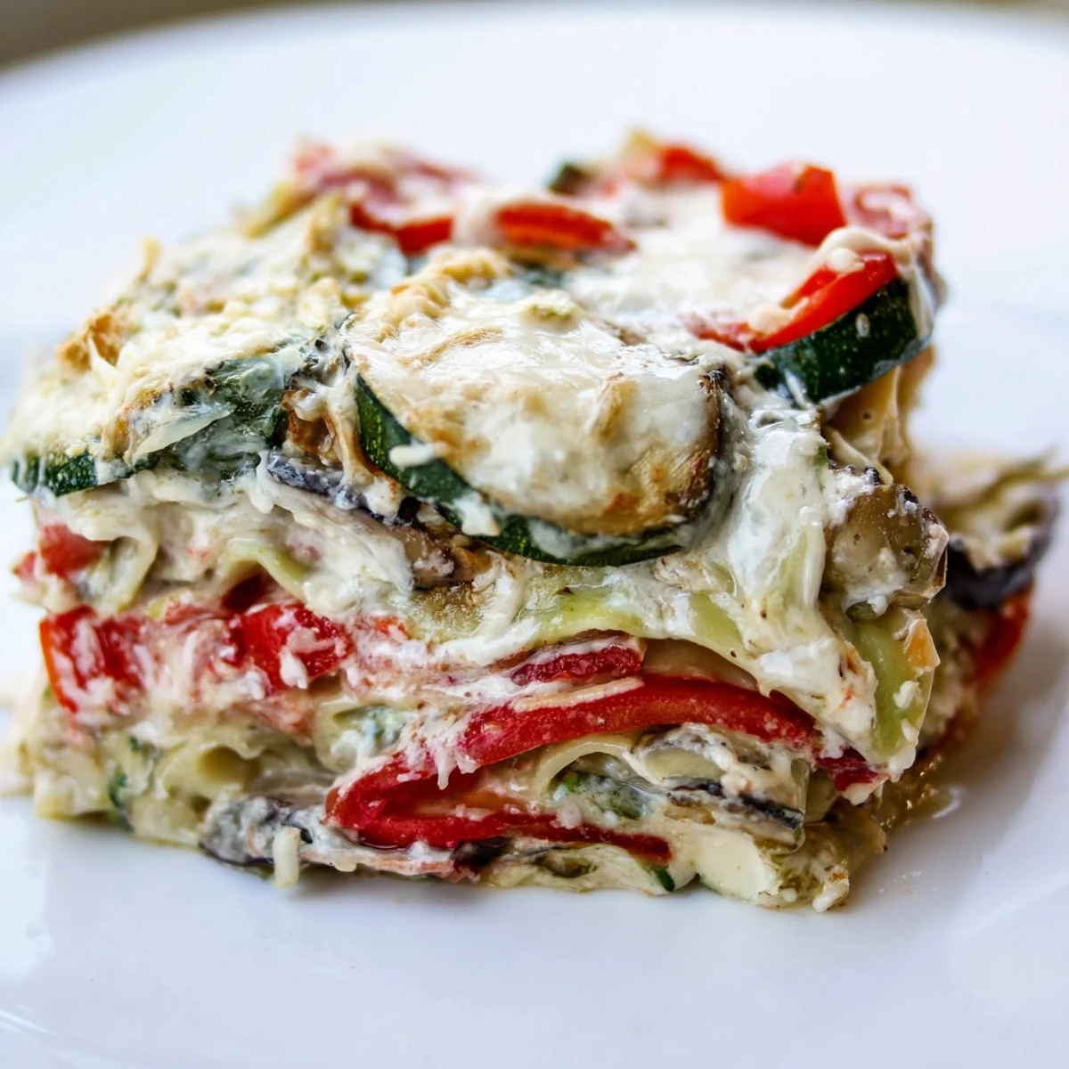 Close-up of Roasted Vegetable Lasagna with Bechamel Sauce featuring caramelized eggplant and creamy white sauce.