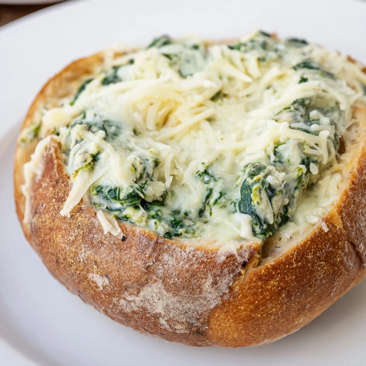 Golden, bubbly Creamy Spinach Dip steaming from a hollowed sourdough bread bowl, served on a wooden board.