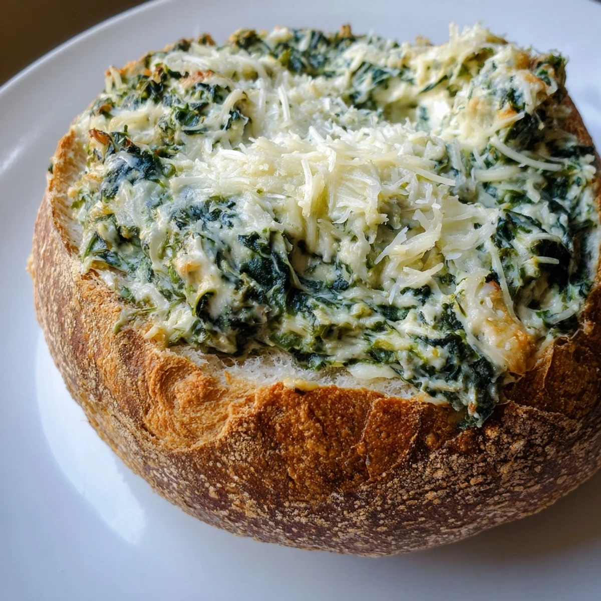 Warm Creamy Spinach Dip garnished with herbs, inside a crusty sourdough bread bowl with extra bread cubes.