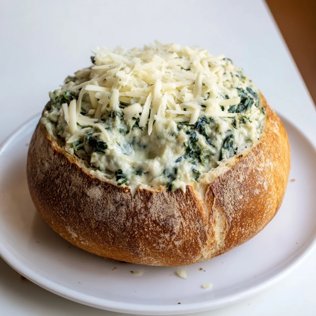 Spoon dipping into hot, cheesy Creamy Spinach Dip from a rustic sourdough bread bowl at a party.