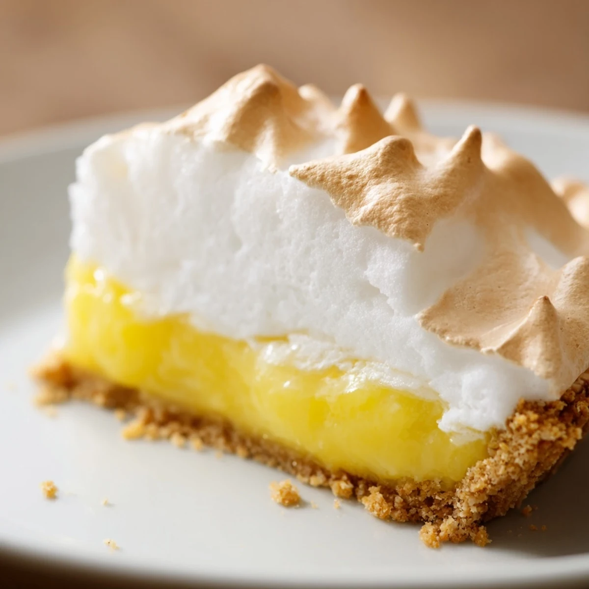 The golden-brown meringue of the Lemon Meringue Pie with Graham Cracker Crust rises high over a vibrant yellow filling inside a dark crumb crust.