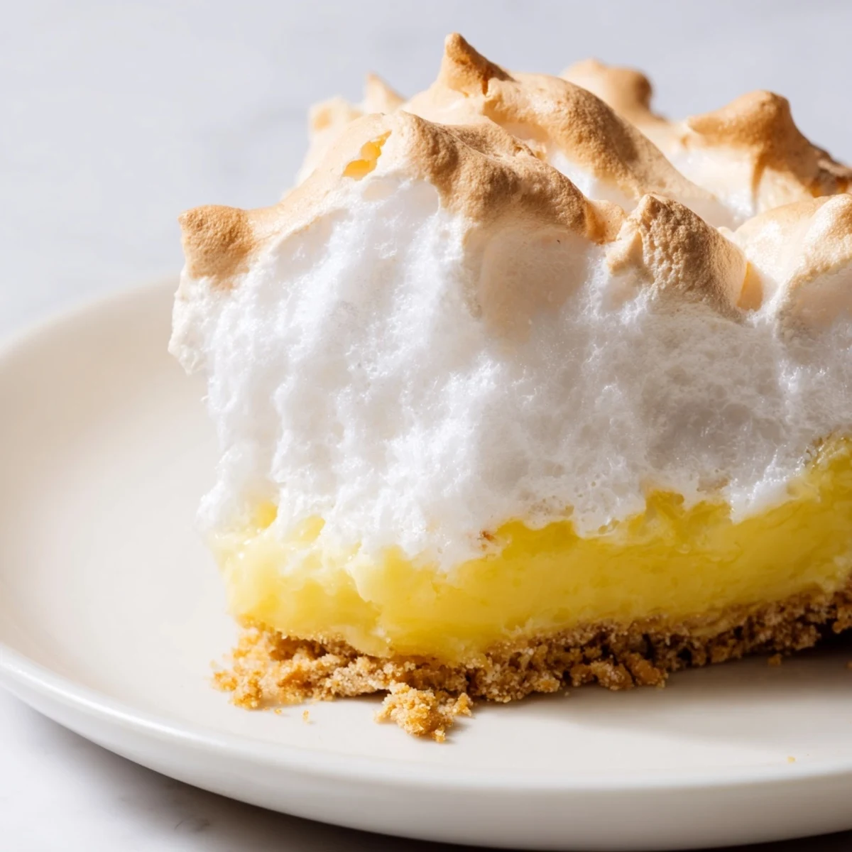 Freshly sliced wedges of Lemon Meringue Pie with Graham Cracker Crust sit on a white plate, revealing the creamy texture and bright citrus color.
