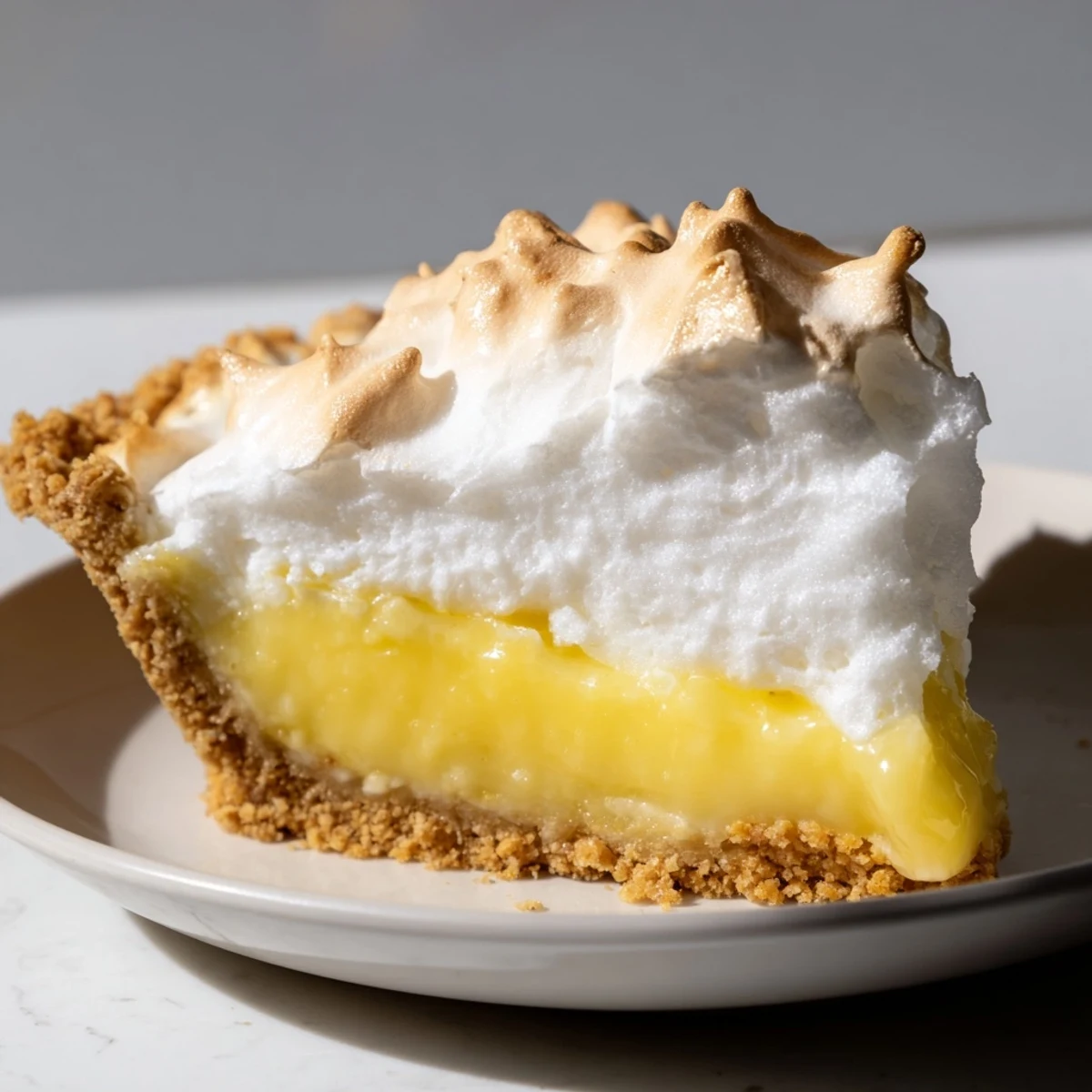 A close-up of Lemon Meringue Pie with Graham Cracker Crust highlights fluffy, toasted meringue peaks and the buttery, crunchy graham cracker base.