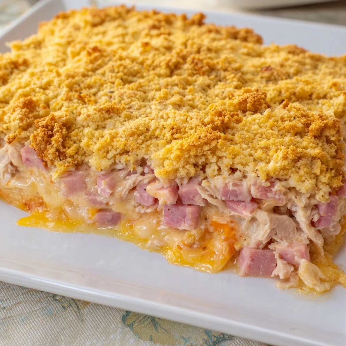 Golden, bubbling Chicken Cordon Bleu Casserole with buttery breadcrumbs and melted Swiss cheese.