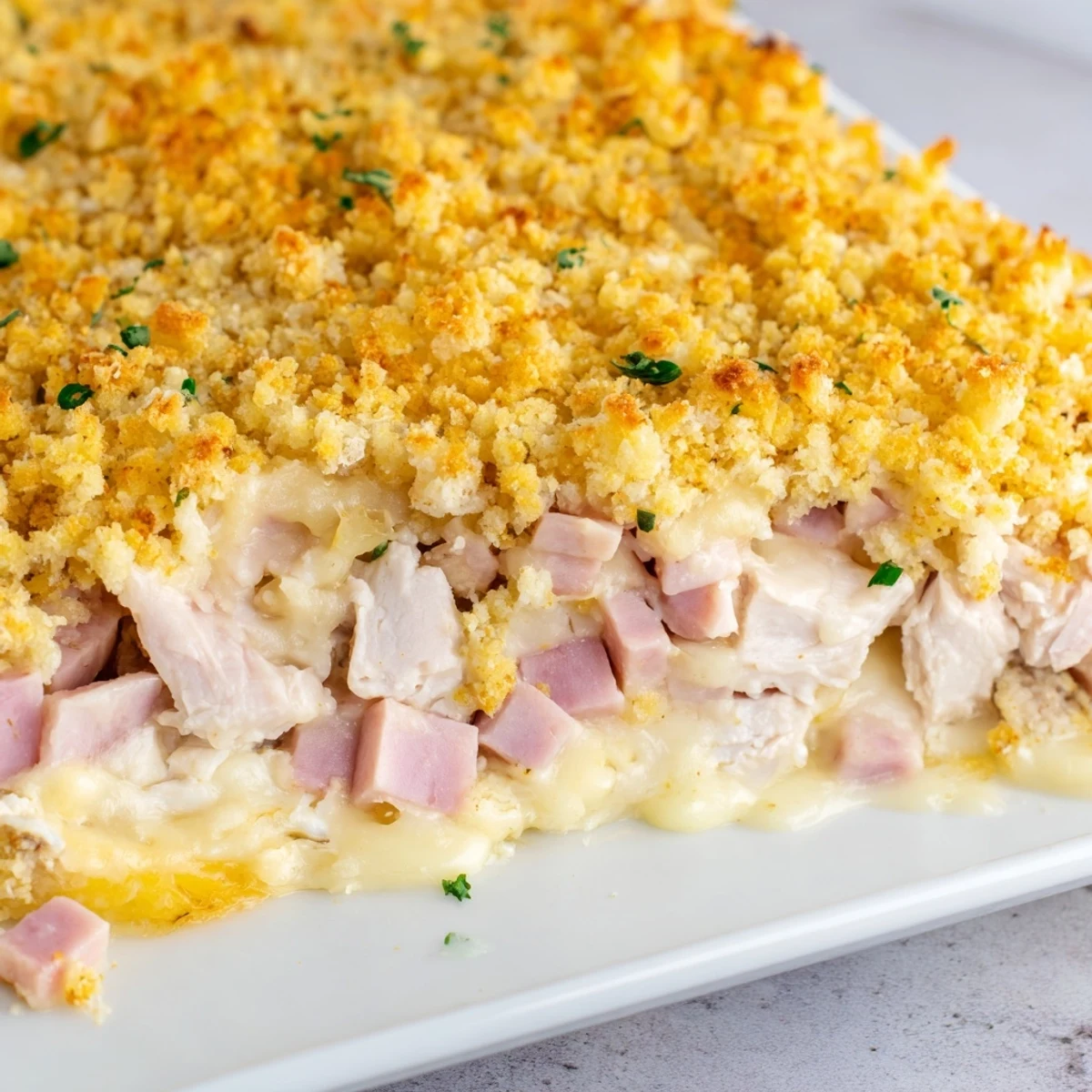 Steam rises from the freshly baked Chicken Cordon Bleu Casserole topped with crisp breadcrumbs.