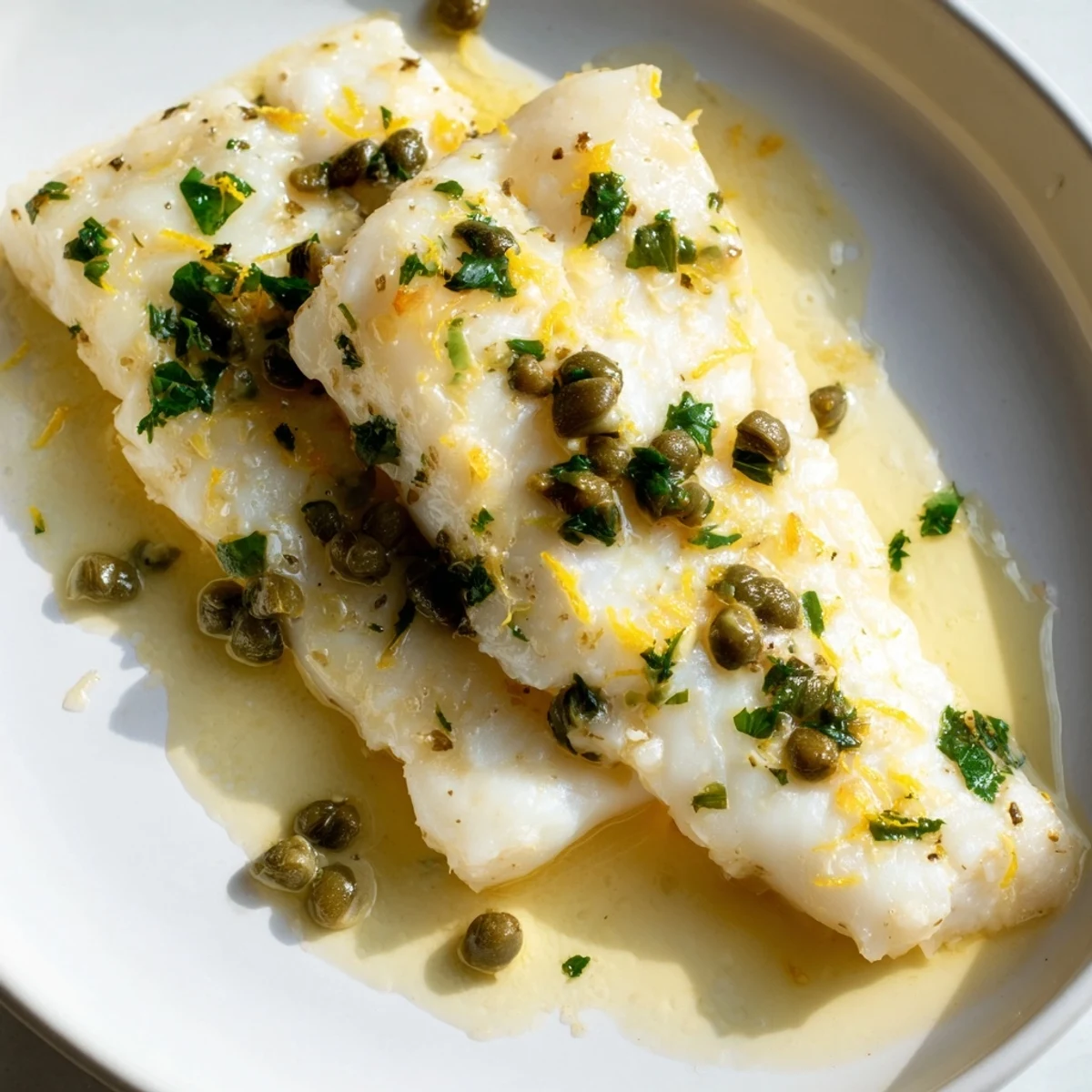 Freshly baked Baked Haddock with Lemon, Capers, and Butter served beside roasted potatoes and vibrant green asparagus for dinner.