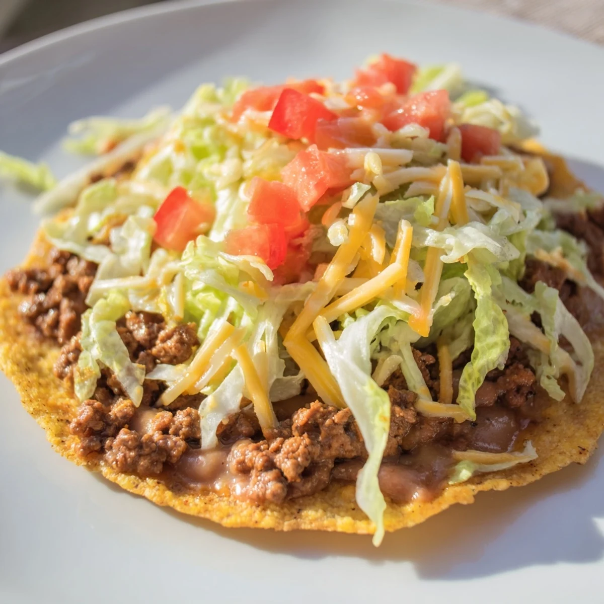Beef Tostadas topped with seasoned beef, creamy refried beans, and jalapeños, served with lime wedges for squeezing.