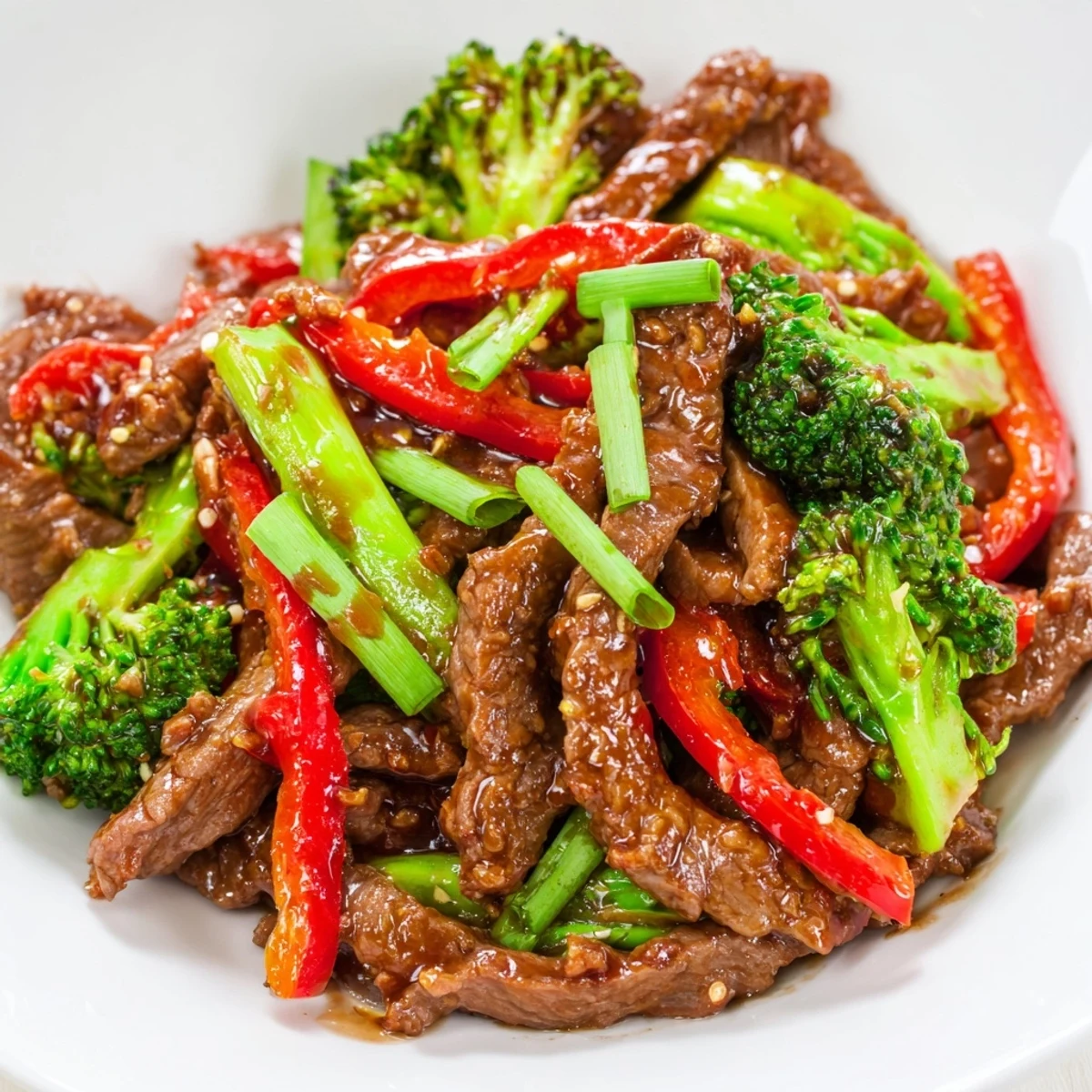 Spicy Beef Stir Fry with Broccoli Florets sizzling in a hot wok with sliced red bell peppers and minced garlic.