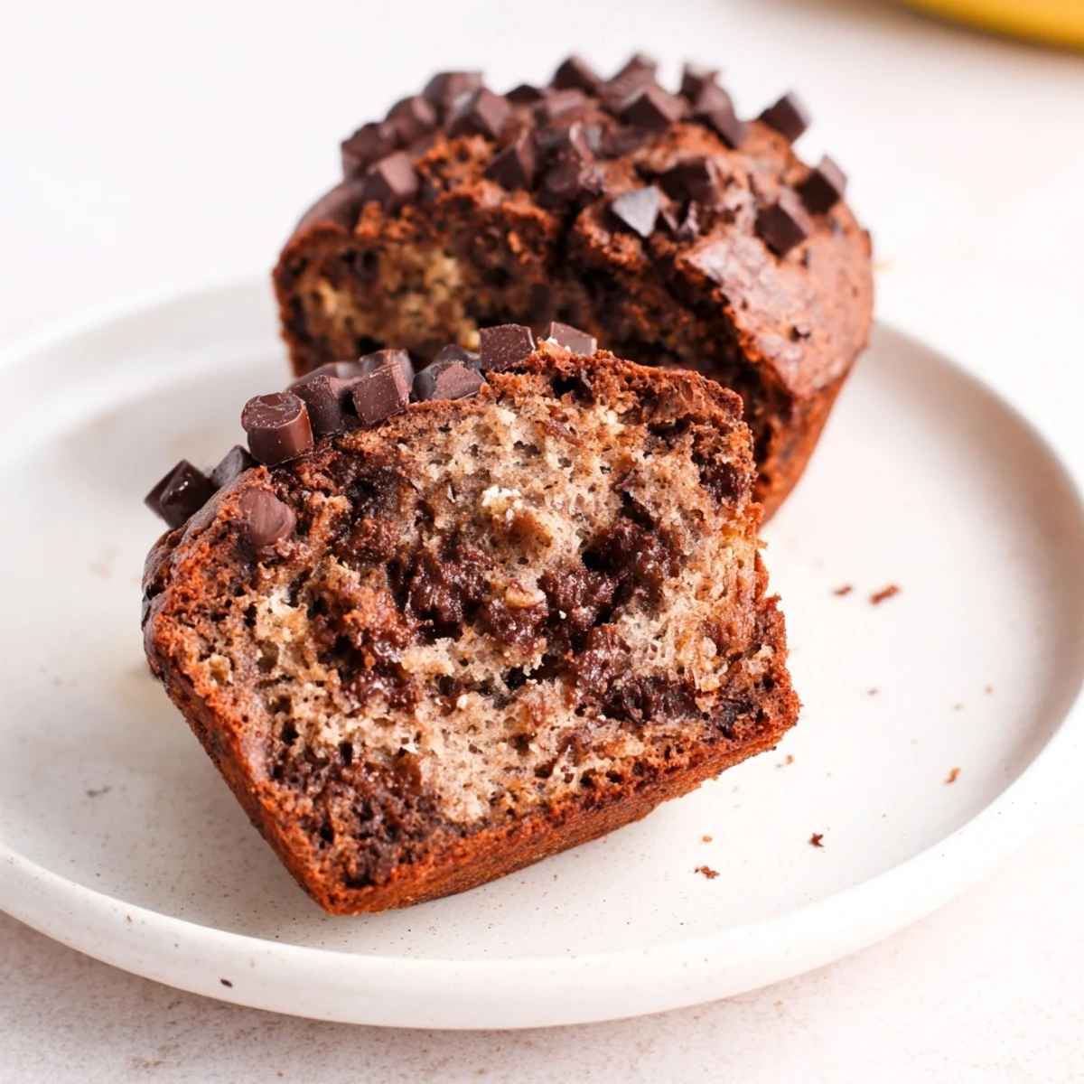Freshly baked Chocolate Banana Muffins with chocolate chips on a cooling rack, rich cocoa aroma.
