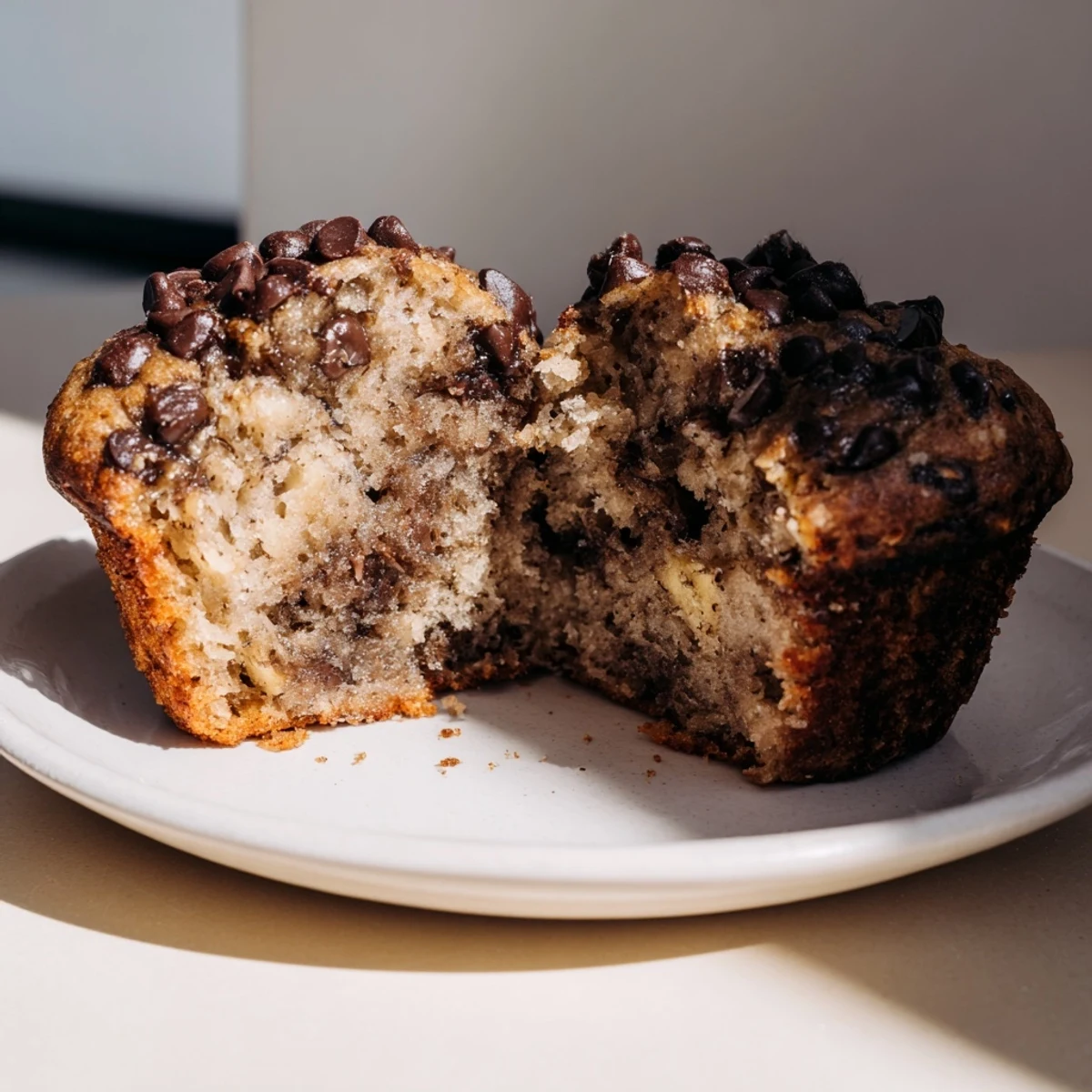 Stack of moist Chocolate Banana Muffins with gooey chocolate chips, served on a white plate.