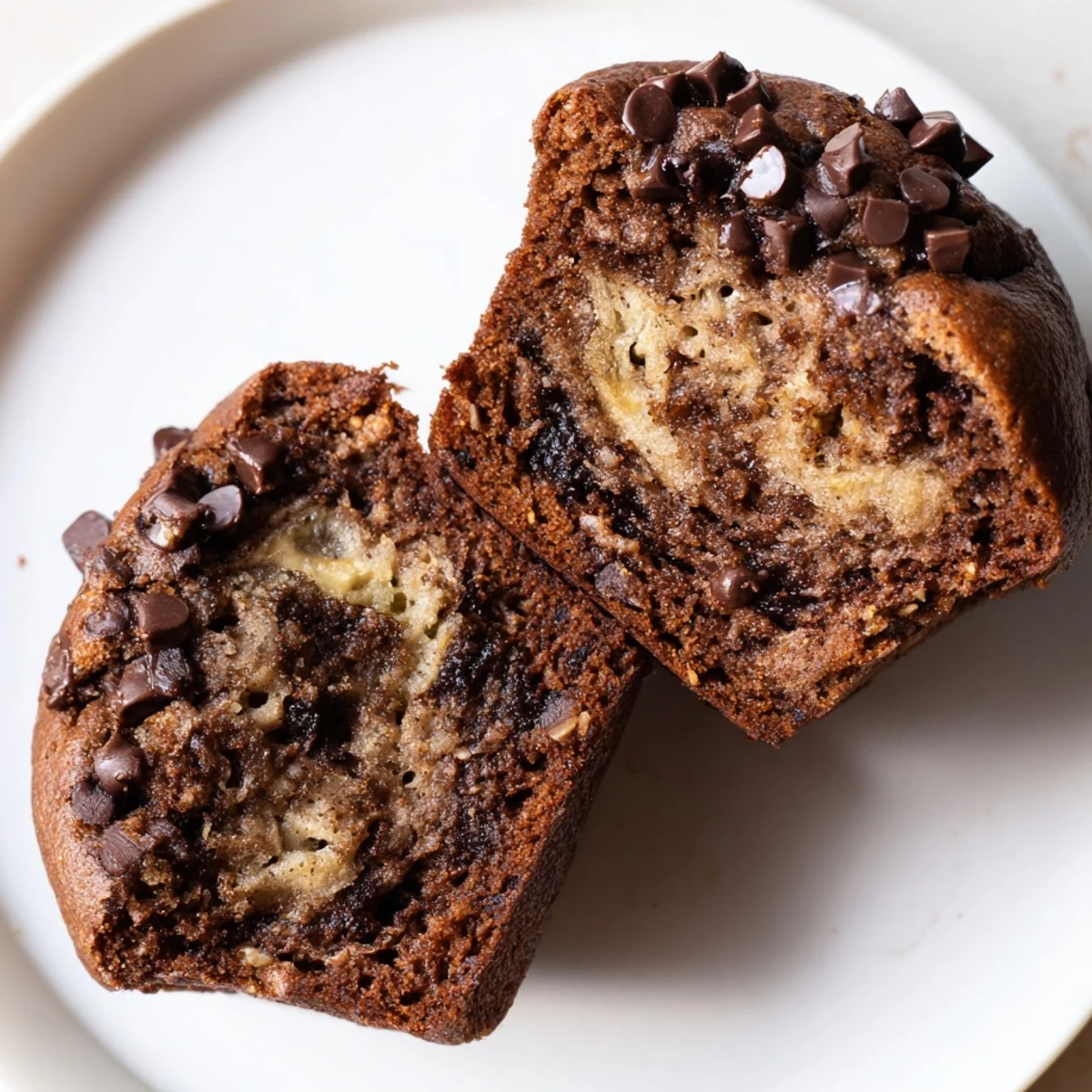 Warm Chocolate Banana Muffins topped with melted chocolate chips, ready for breakfast or dessert.