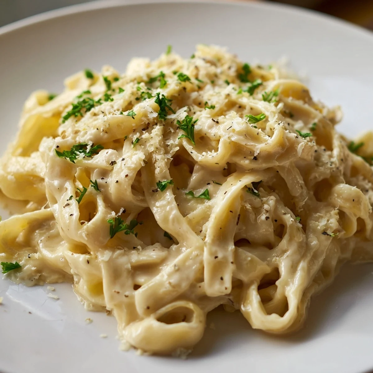 Creamy Alfredo Sauce with Fettuccine Pasta twirled on a fork, showcasing the rich, velvety Parmesan coating.