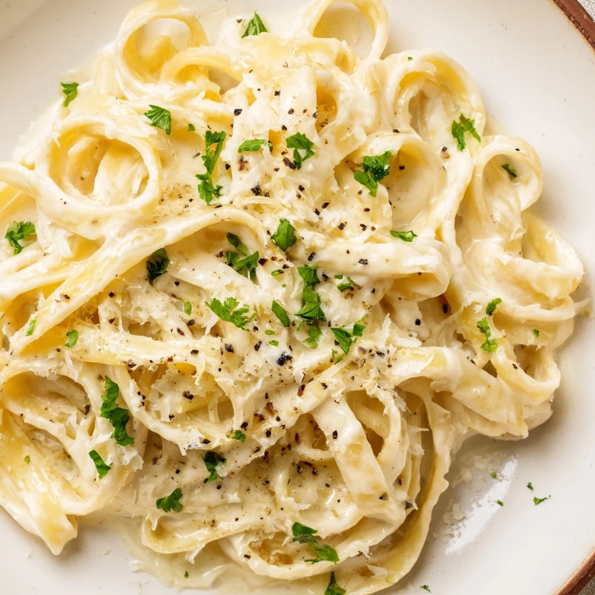Creamy Alfredo Sauce with Fettuccine Pasta in a white bowl, garnished with parsley and fresh grated Parmesan.