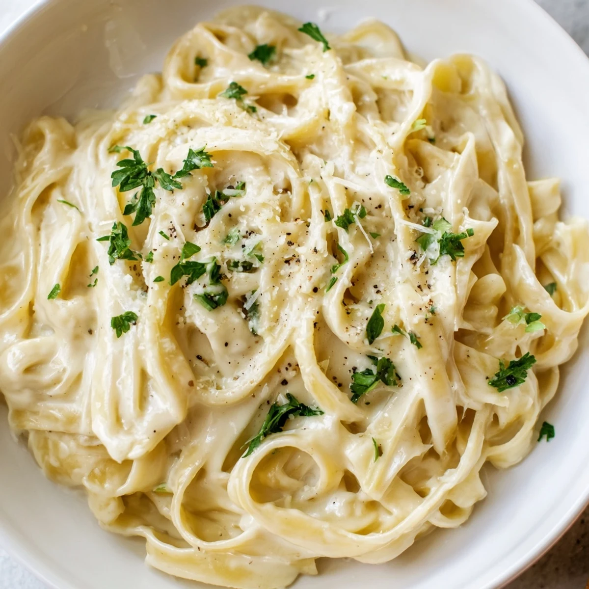 Steaming bowl of Creamy Alfredo Sauce with Fettuccine Pasta, ready to serve as a comforting Italian dinner.