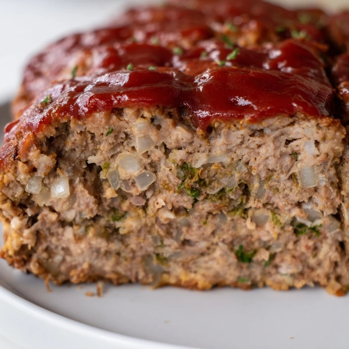 Freshly baked turkey meatloaf with a glossy sweet ketchup glaze, served warm on a white plate with a sprig of parsley.