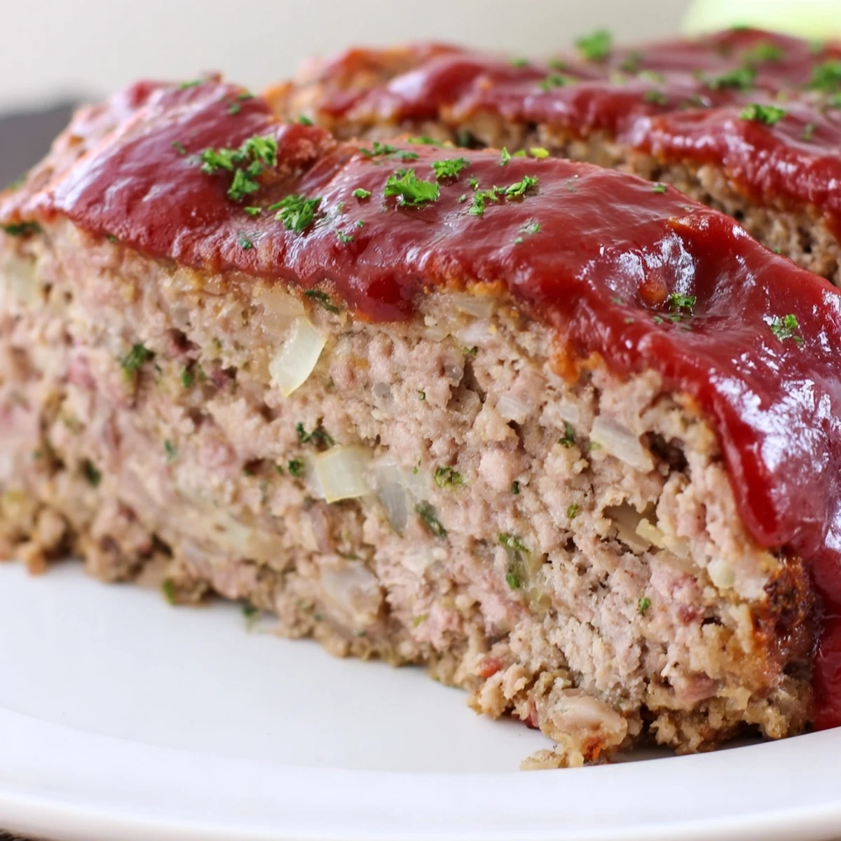 Golden-brown turkey meatloaf topped with sticky brown sugar glaze, resting on a rustic wooden cutting board for a homey feel.