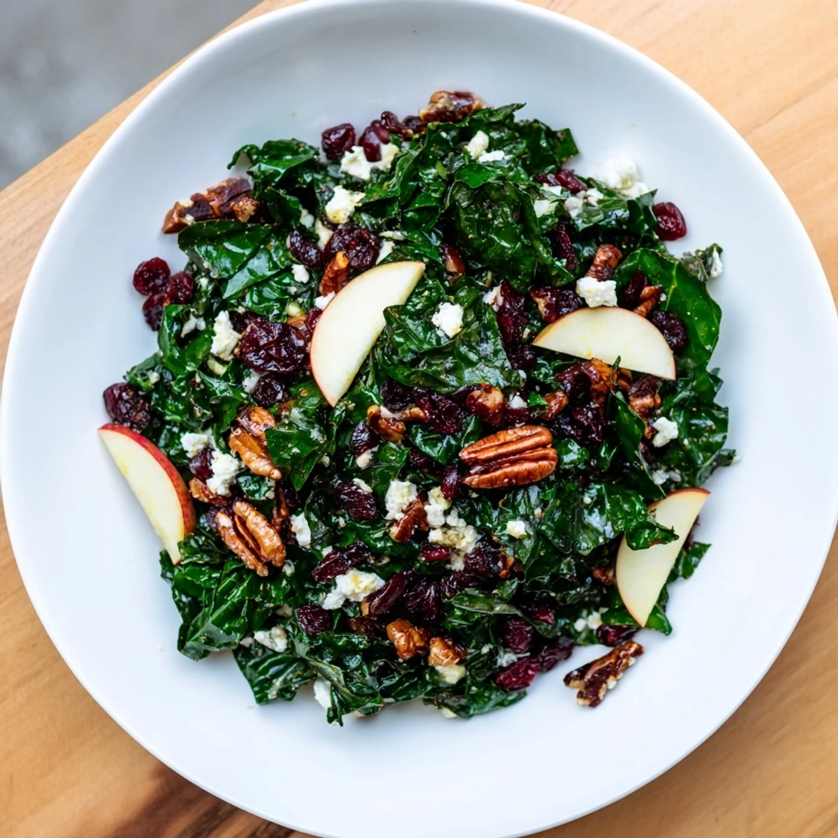 Freshly tossed Winter Kale Salad with Dried Cranberries, topped with crumbled feta cheese and set against a rustic wooden background for a cozy winter meal.