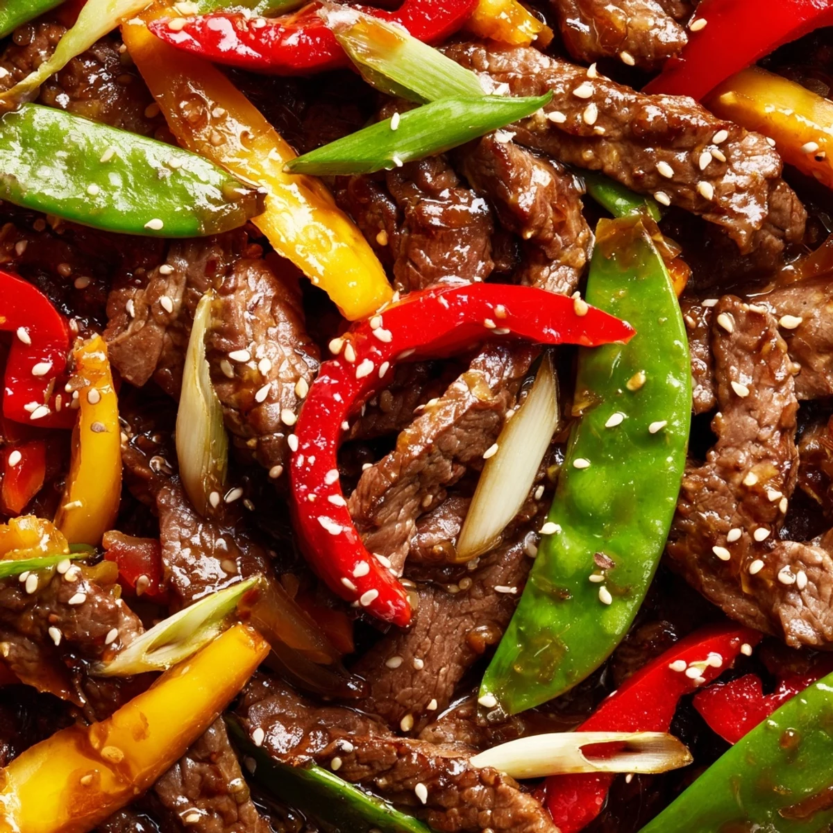 A close-up of Spicy Beef Stir Fry shows glossy beef, vibrant snow peas, and toasted sesame seeds with steam rising from the wok.
