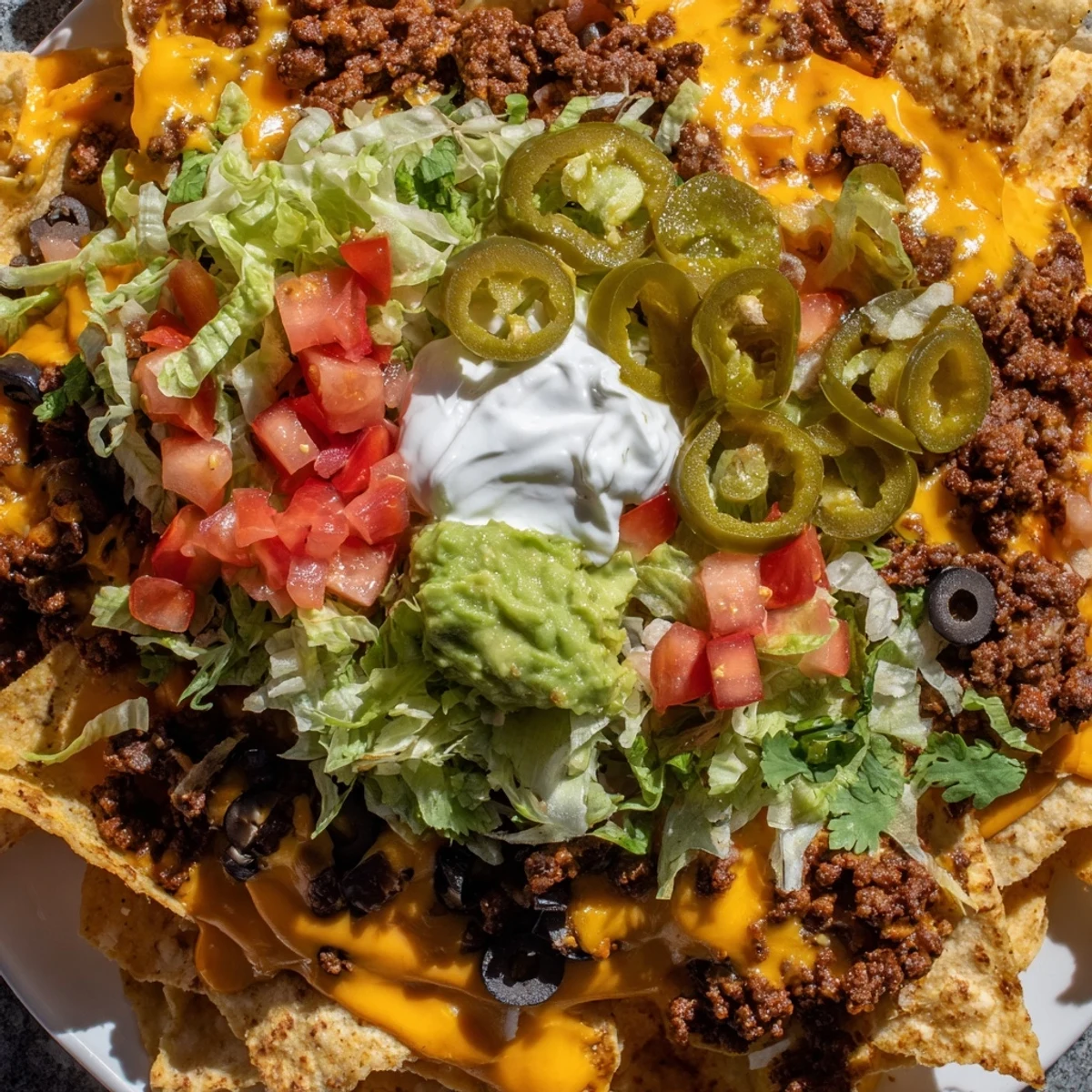 Close-up of a fully loaded Tailgate Nacho Bar with Queso, topped with shredded cheese, sour cream, and sliced jalapeños on game day.