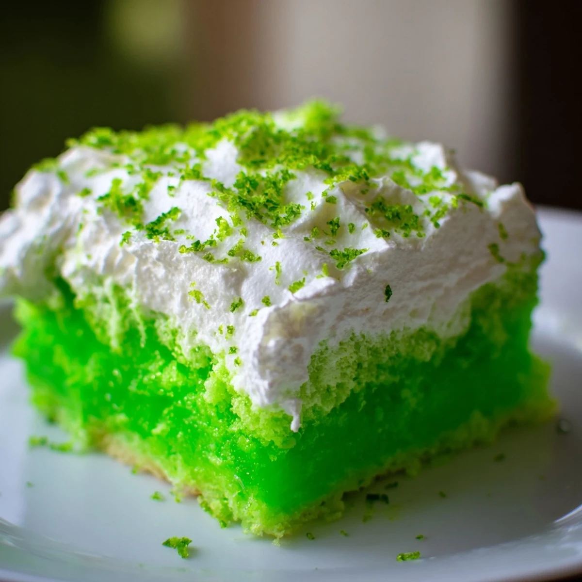 A vibrant slice of St. Patricks Day Lime Poke Cake, showcasing moist green cake crumb soaked with lime gelatin and topped with fluffy white whipped cream.