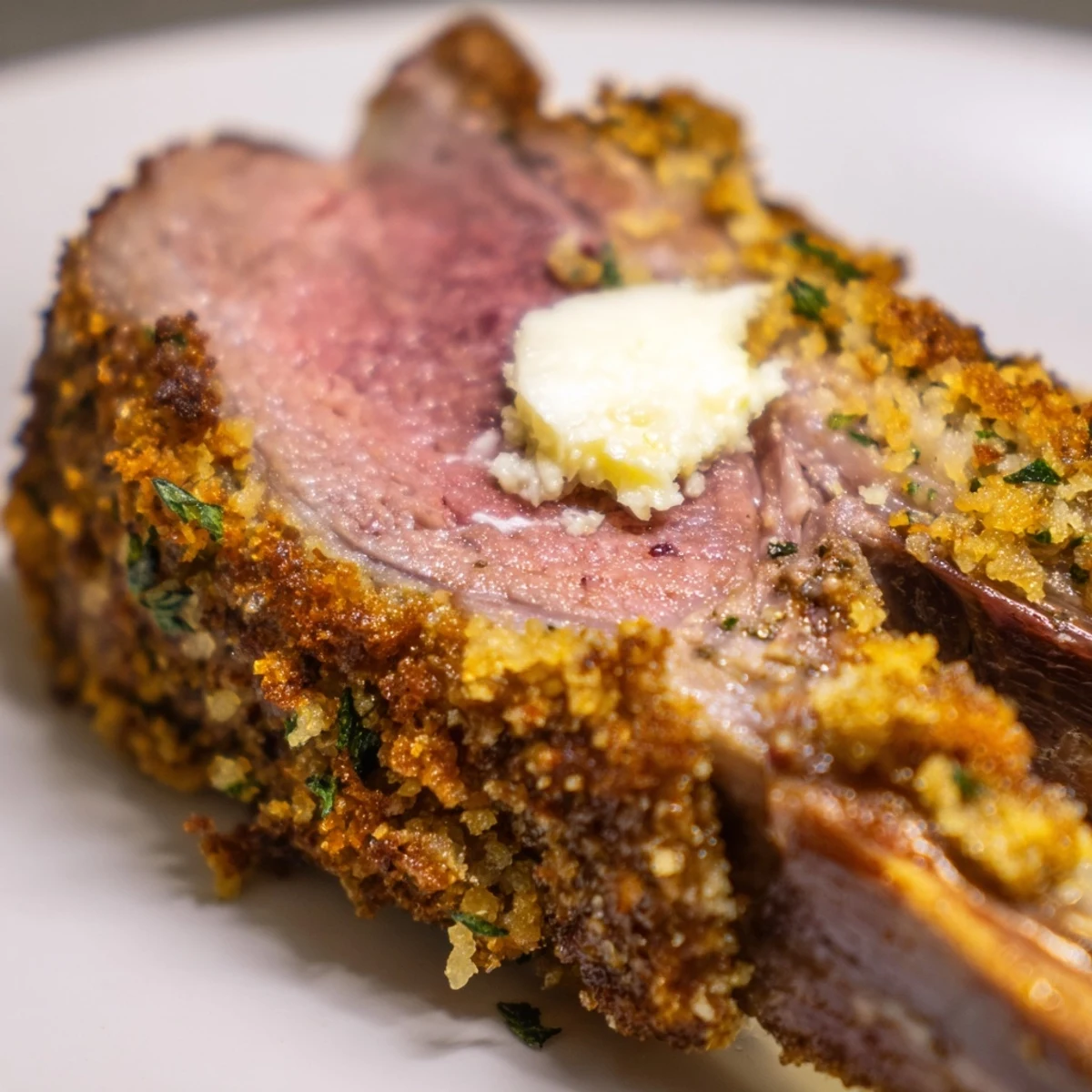 A perfectly roasted Romantic Rack of Lamb with Herb Crust, featuring golden, fragrant herb coating and juicy, pink meat ready to slice.