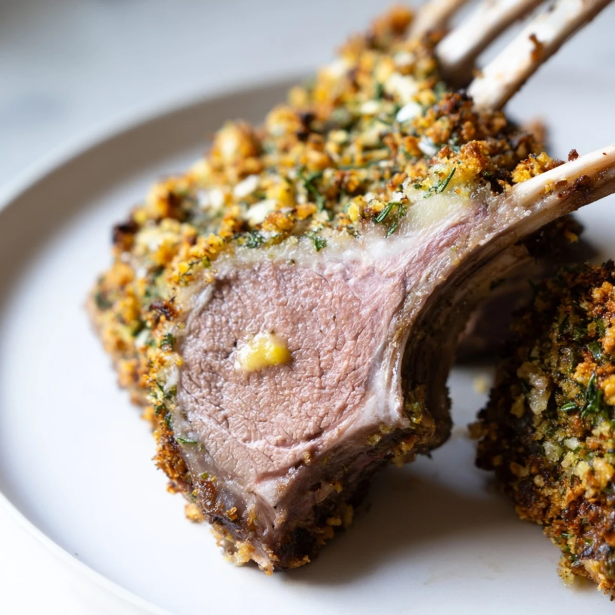 For a special occasion, this Romantic Rack of Lamb with Herb Crust is plated beside buttery roasted potatoes and a glass of red wine.