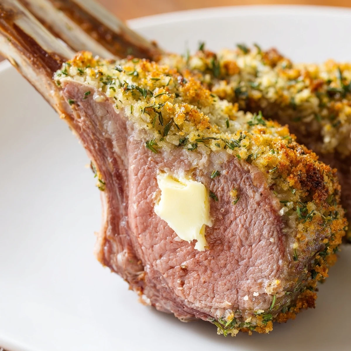 Visually appealing Romantic Rack of Lamb with Herb Crust, showing seared exterior and fresh rosemary-thyme crust, served on a warm ceramic platter.
