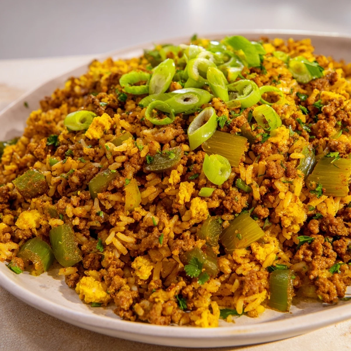 A steaming serving of Cajun Dirty Rice with Ground Turkey, garnished with fresh green onions and parsley.