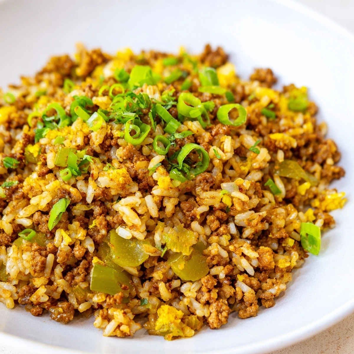 Cajun Dirty Rice with Ground Turkey simmered in a skillet, featuring browned turkey and aromatic bell peppers.