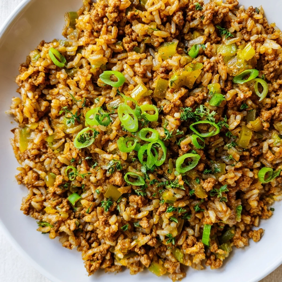 Hearty Cajun Dirty Rice with Ground Turkey on a plate, garnished with fresh parsley and a lemon wedge.