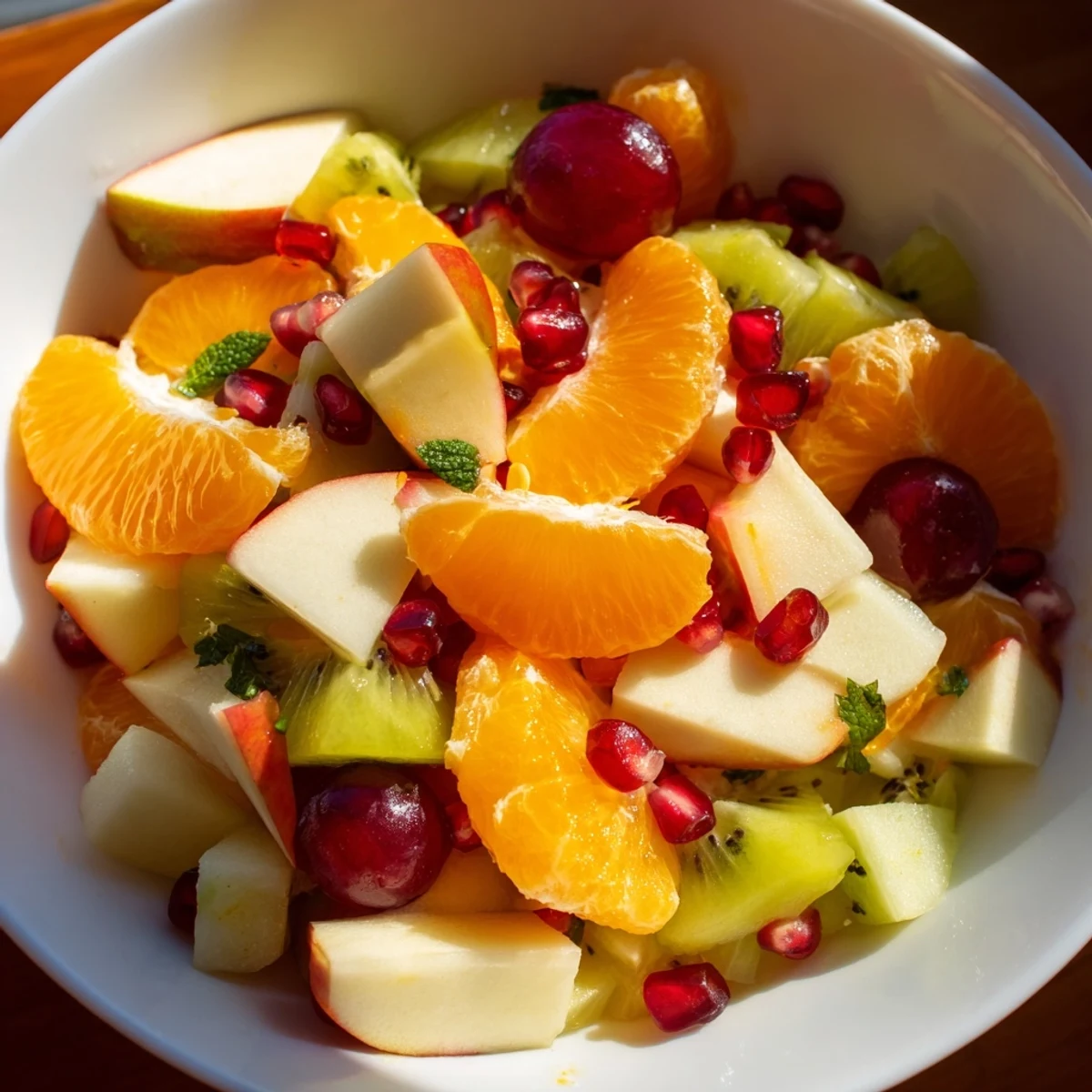 Bright red pomegranate seeds and crisp apple slices in a vibrant Winter Fruit Salad with Mint, tossed in a light citrus dressing.