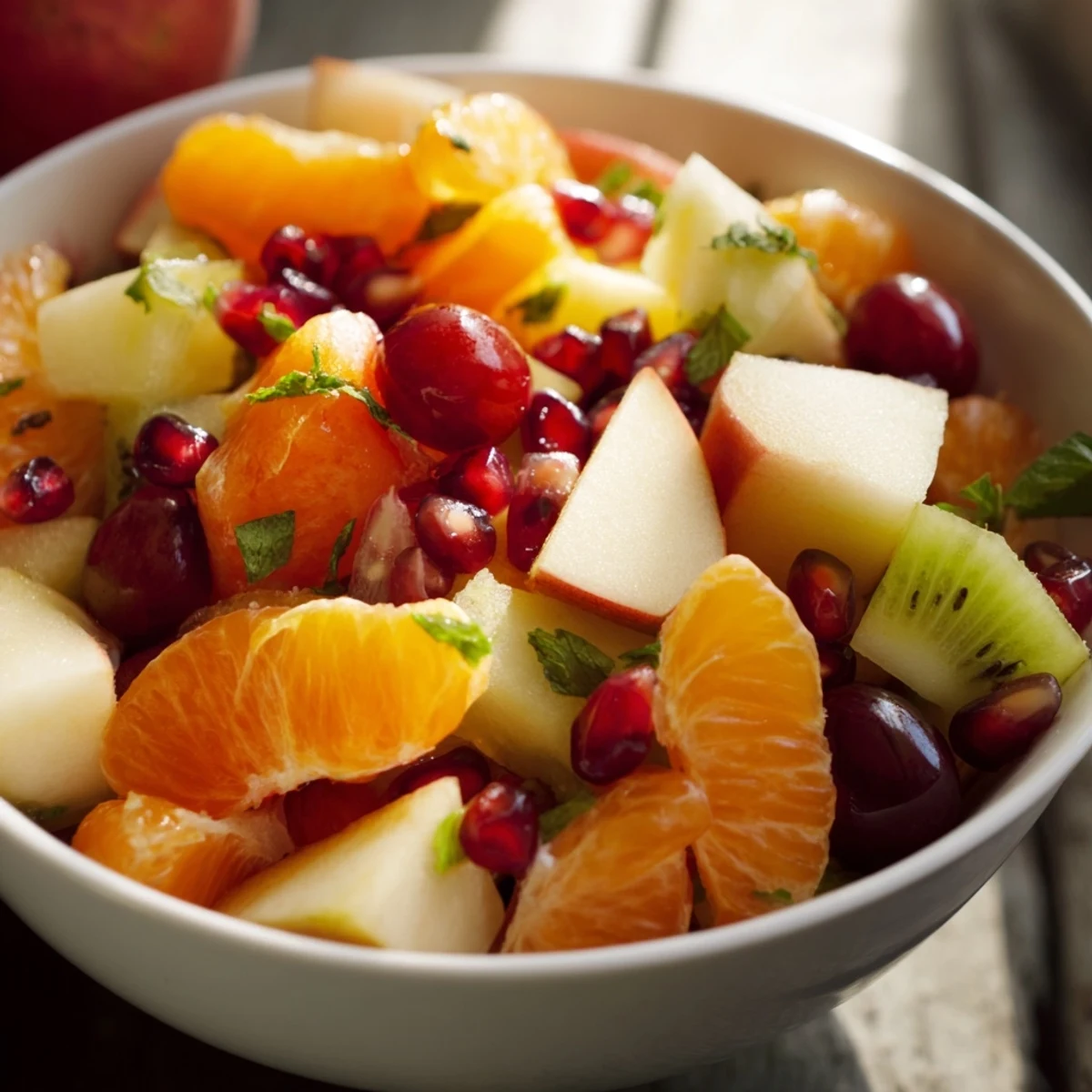 A chilled bowl of Winter Fruit Salad with Mint features juicy oranges, kiwi, and grapes, ready to serve as a refreshing side dish.