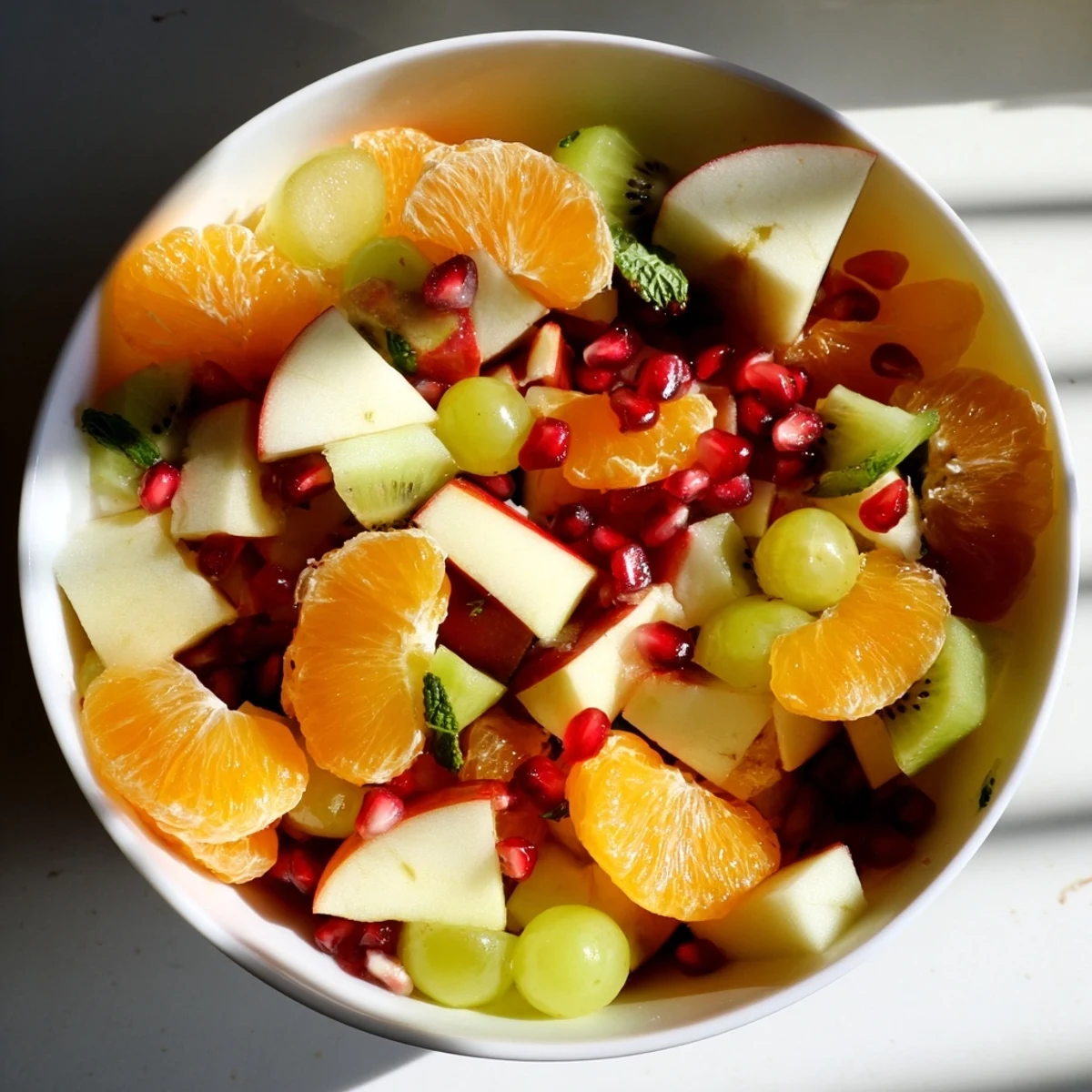 Colorful segments of seasonal fruit and fresh mint garnish a beautifully arranged Winter Fruit Salad, perfect for a healthy vegan dessert.