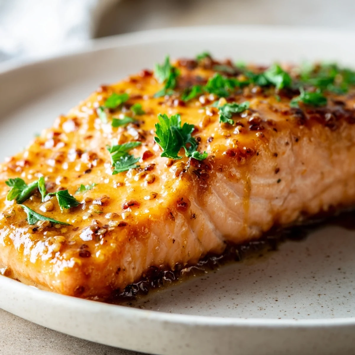 A close-up of tender Baked Salmon with Honey Mustard, its flaky texture glistening under a golden glaze.