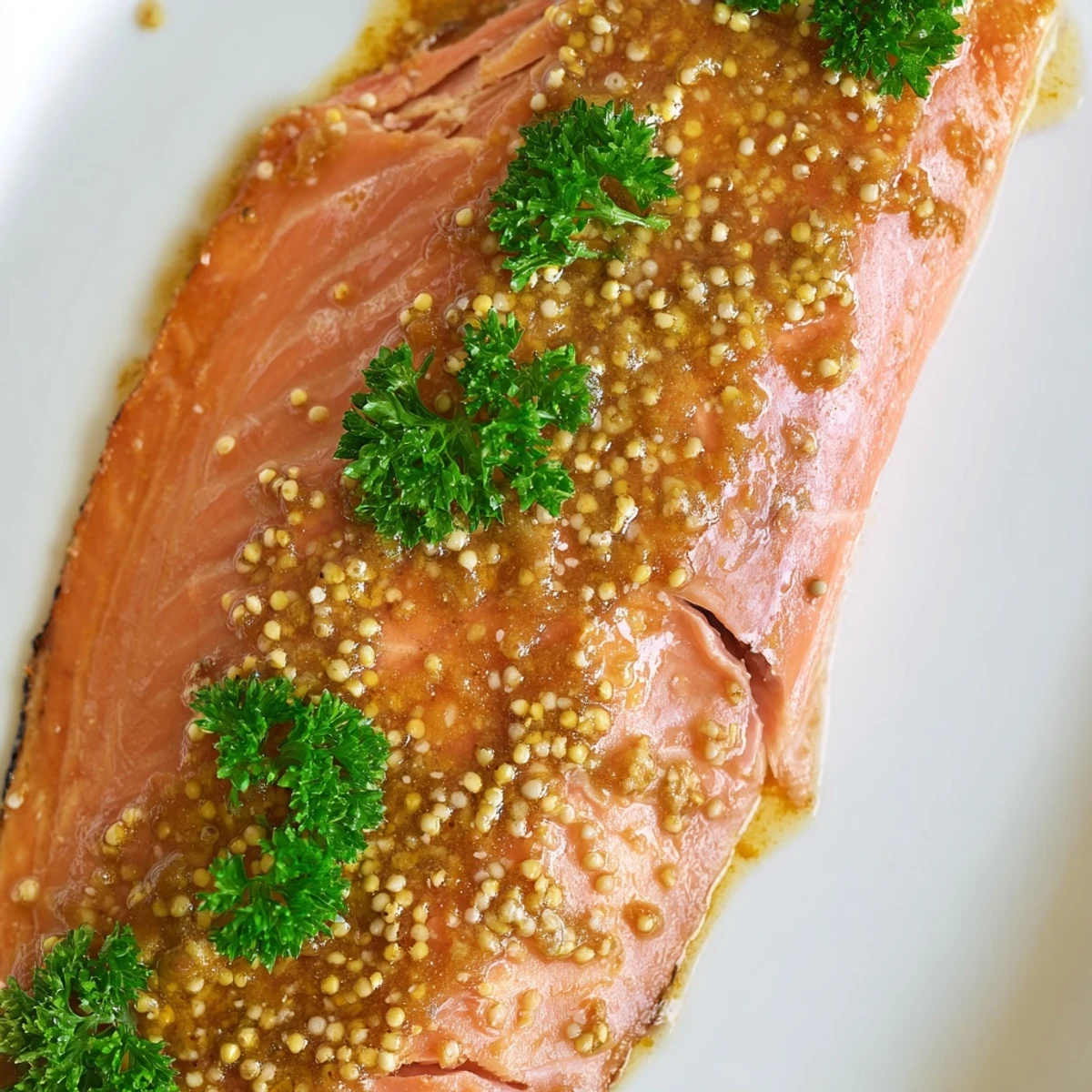 Freshly baked Baked Salmon with Honey Mustard fillets garnished with parsley and lemon wedges on a white plate.