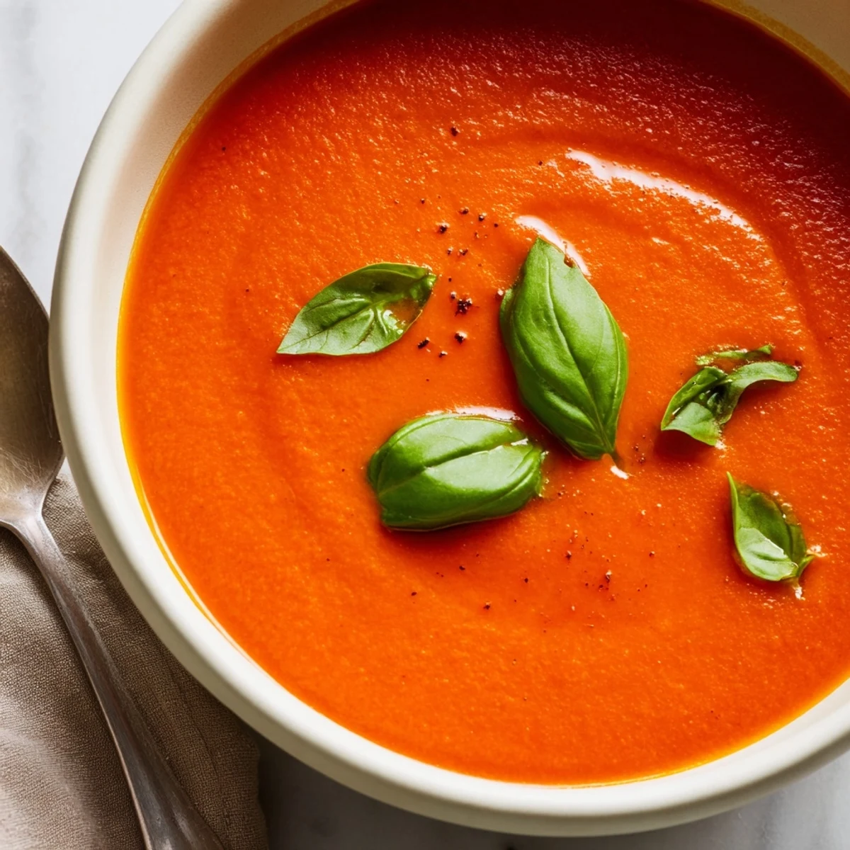 A bowl of creamy tomato soup garnished with fresh basil and a swirl of cream, served hot for a comforting meal.  