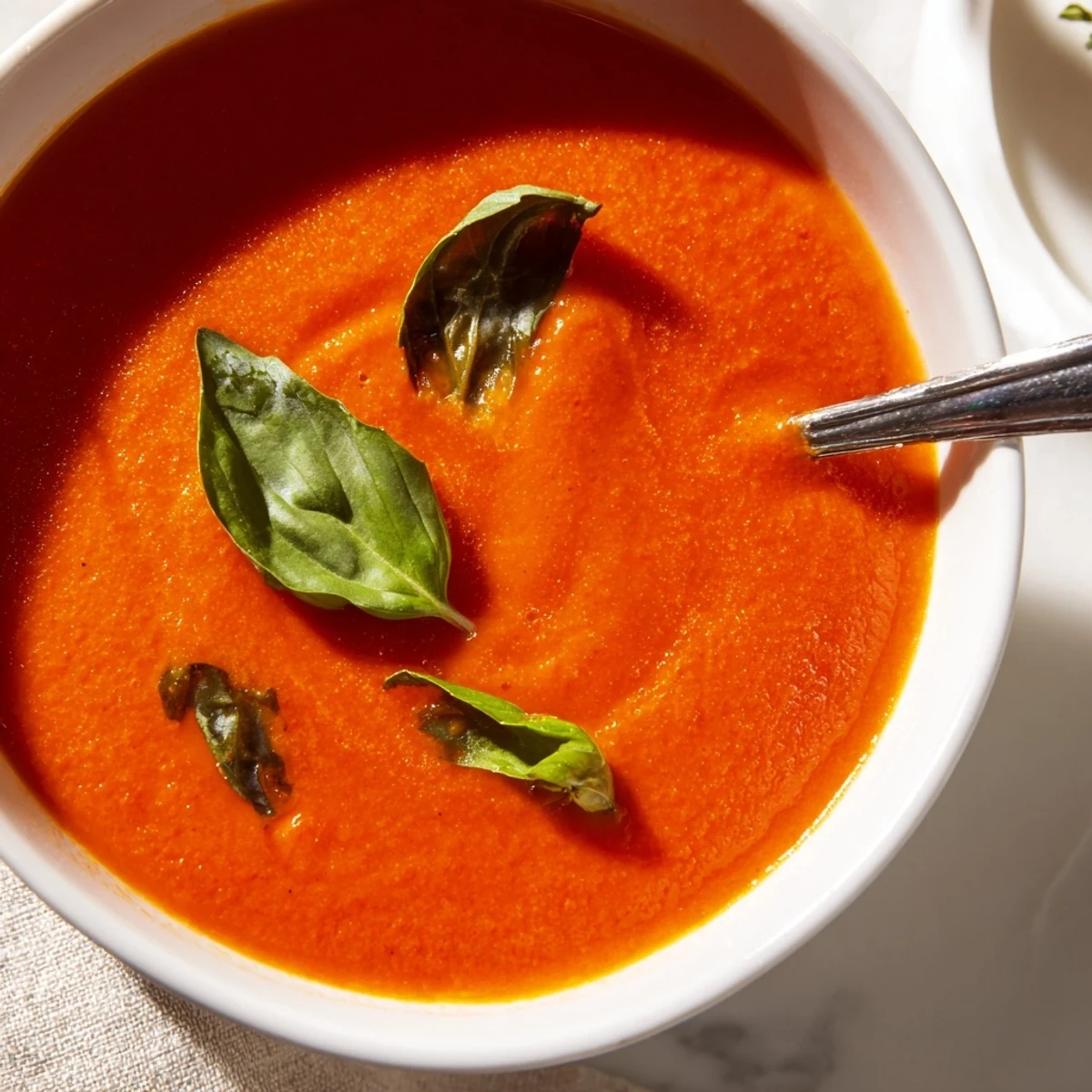 Steaming bowl of homemade creamy tomato soup, garnished with basil and a drizzle of cream for extra richness.
