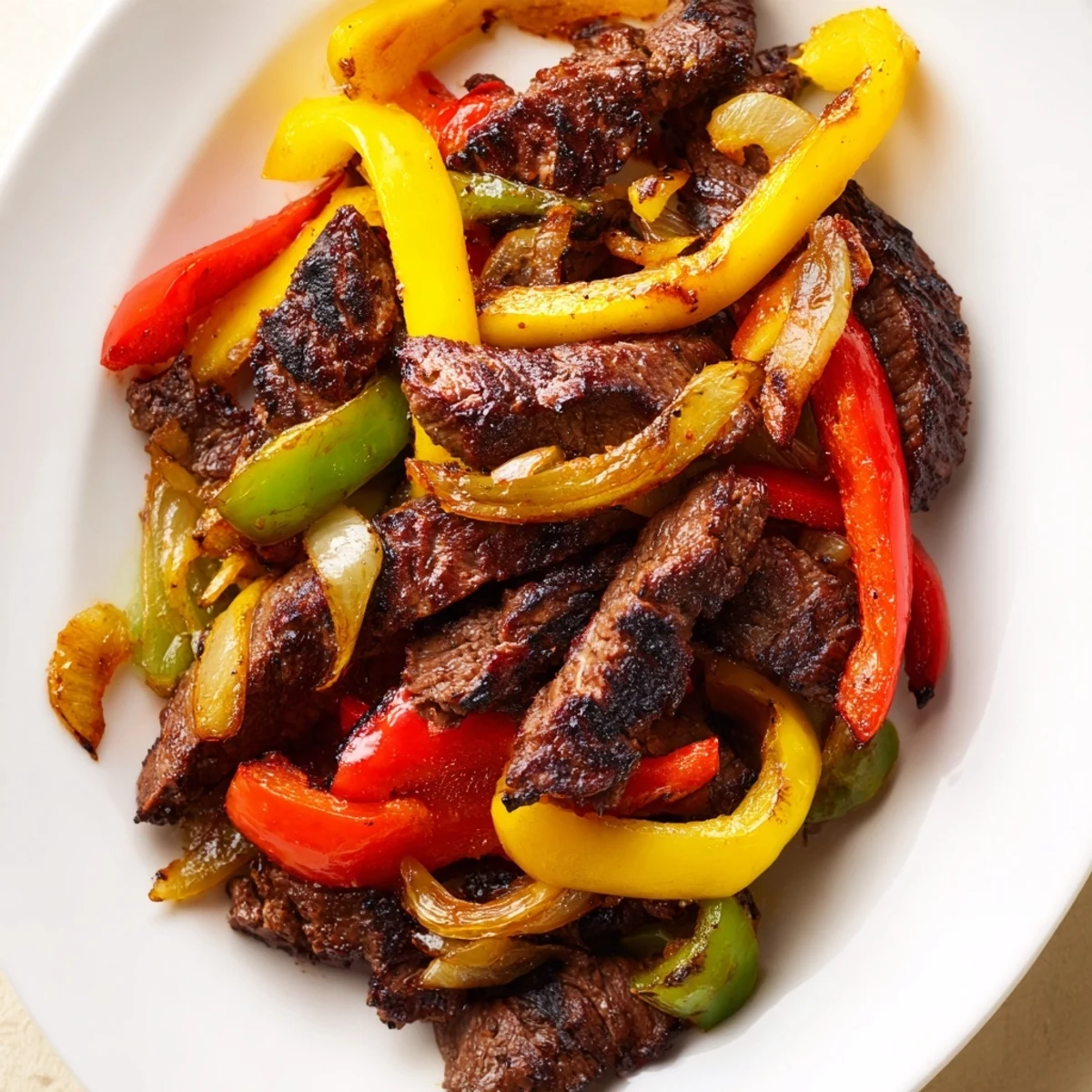 Marinated beef strips sautéed with onions and bell peppers for Beef Fajitas, alongside warm tortillas and classic toppings.