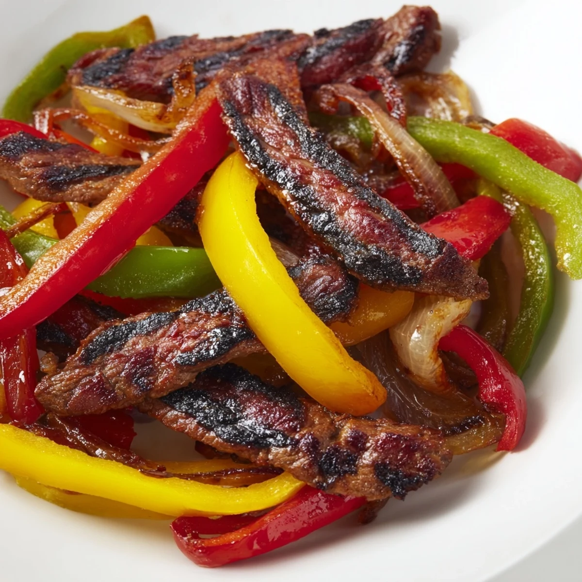 Sizzling Beef Fajitas with colorful peppers and onions, served hot with warm flour tortillas and fresh lime wedges.