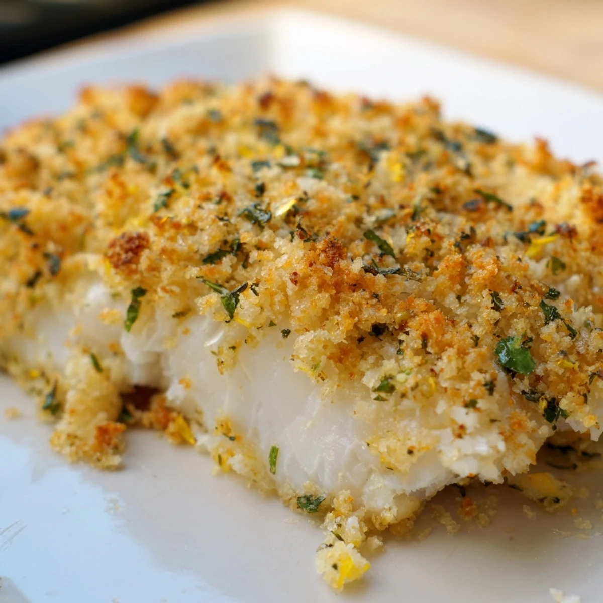 Golden haddock with lemon herb crumb topping, flaky and aromatic, plated with lemon wedges for a bright finish.