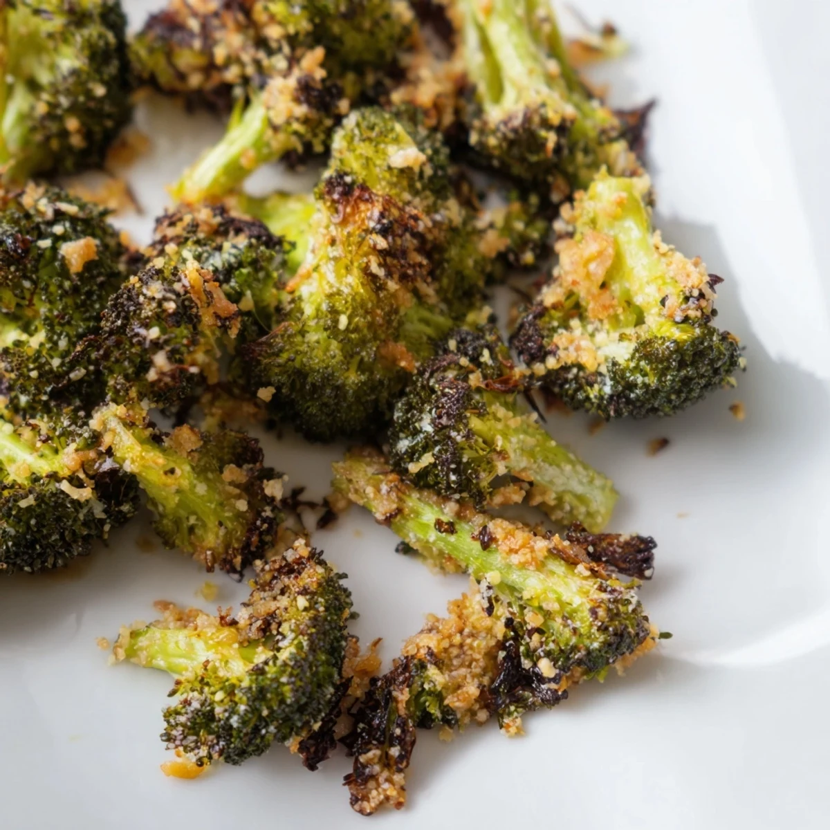 Oven-roasted broccoli with garlic and Parmesan, served as a vibrant side dish garnished with fresh lemon wedges.